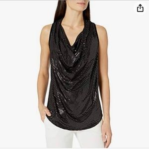 Karen Kane Drape Neck Sequine Sleeveless Black Blouse